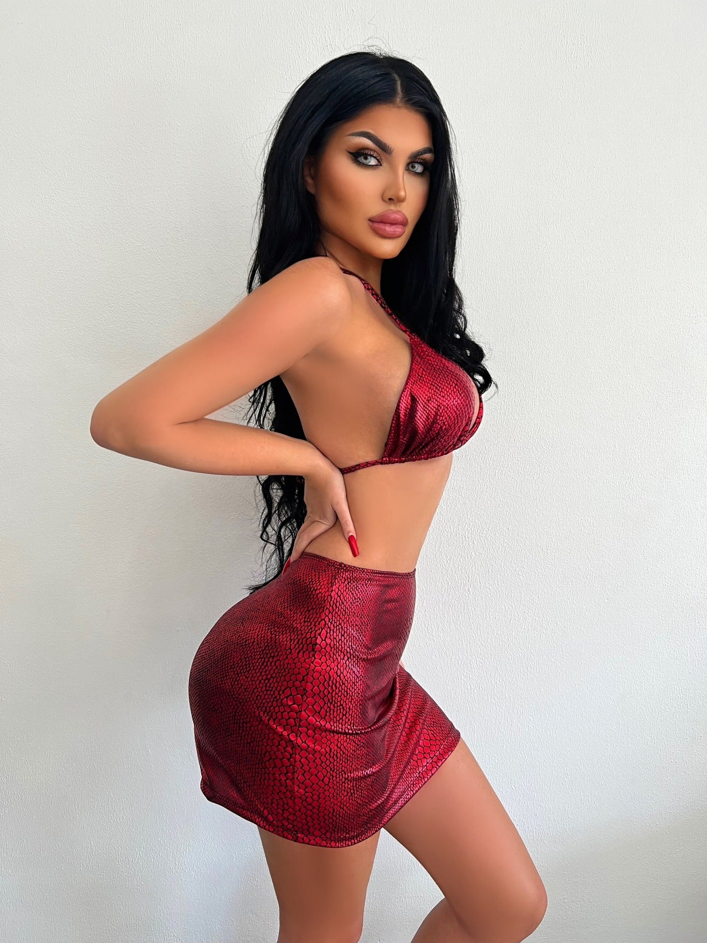 Women's 3-Piece Snake Print Bikini Set with Cover-Up Skirt – Trendy Summer Swimsuit