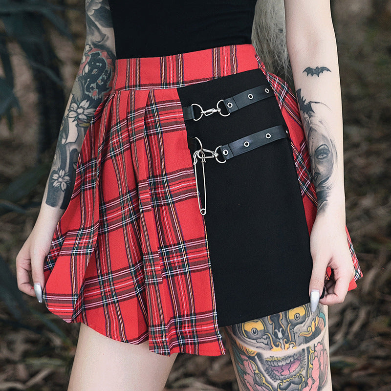 Plaid Strap Pleated Skirt