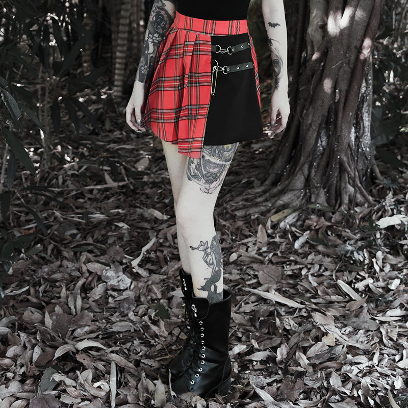 Plaid Strap Pleated Skirt