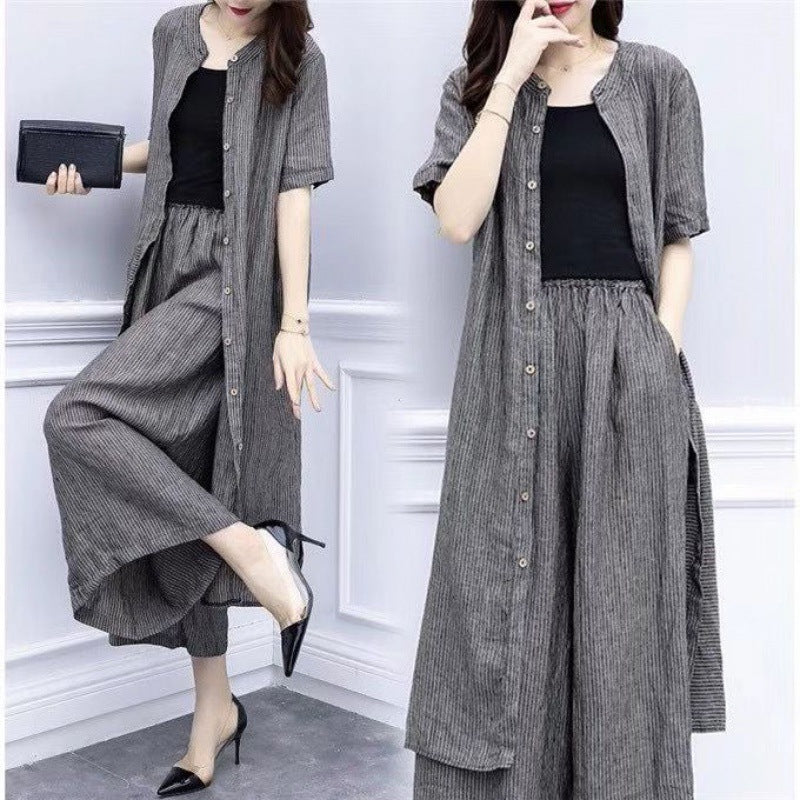 Striped Cardigan & Wide-Leg Pants Set