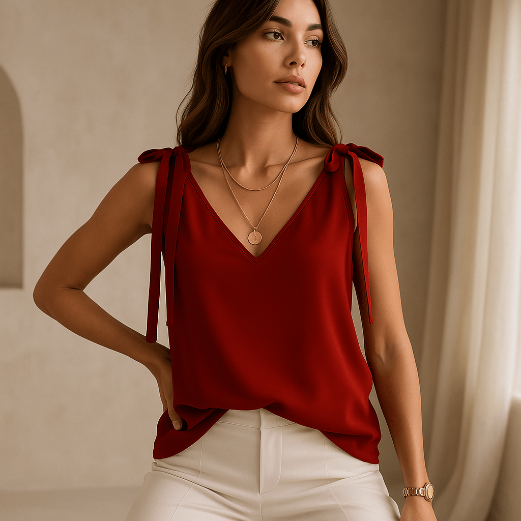Satin Bow Tie-Up V-Neck Camisole Tops