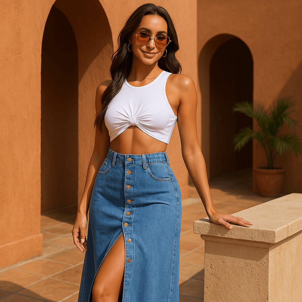 Button Slit Denim Skirt
