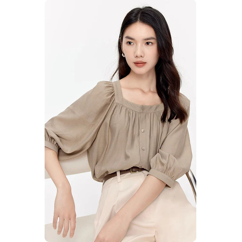 Lantern Sleeve Button-Down Cardigan Blouse
