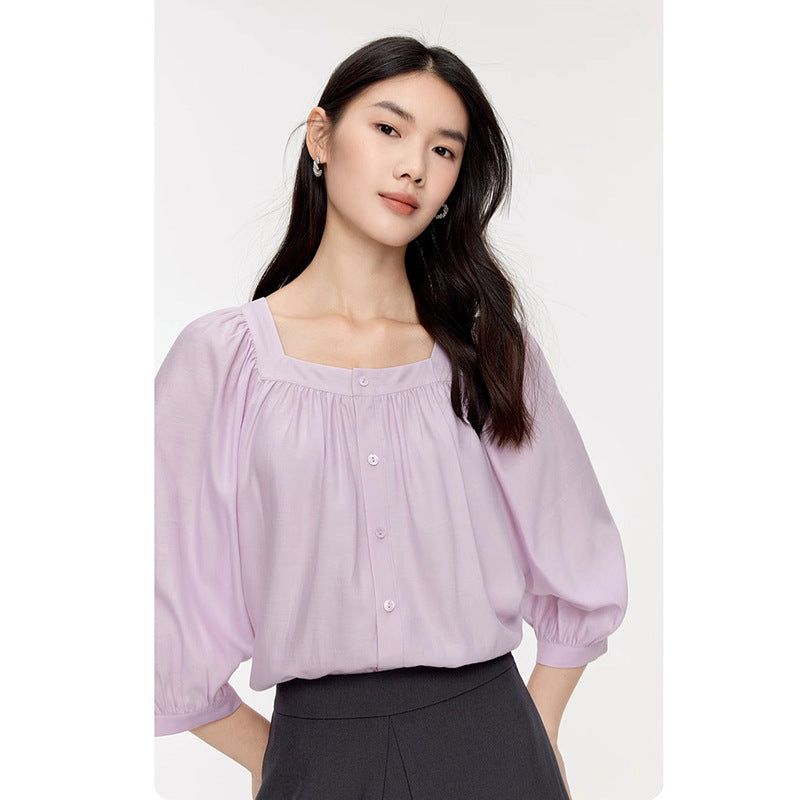 Lantern Sleeve Button-Down Cardigan Blouse