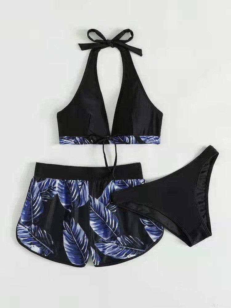 3PCS Leaf Print Bikini Set – Stylish Summer Swimsuit with Shorts
