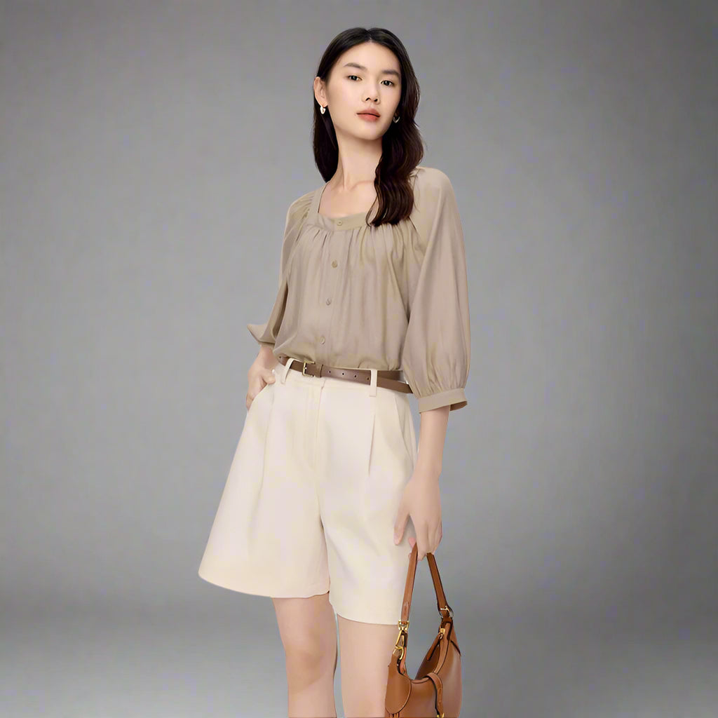 Lantern Sleeve Button-Down Cardigan Blouse