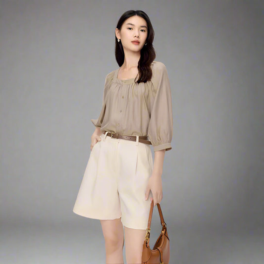 Lantern Sleeve Button-Down Cardigan Blouse