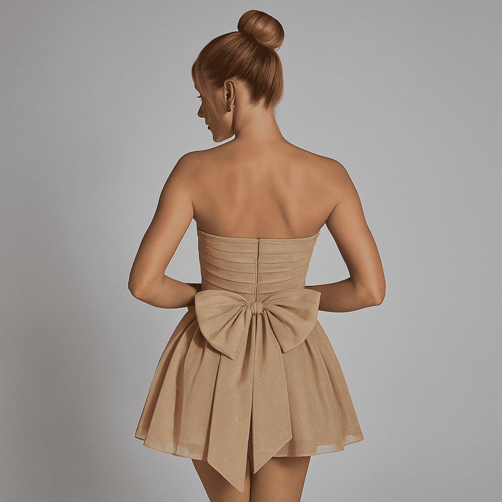Elegant Strapless Lace Mini Dress – Back Bow Knot