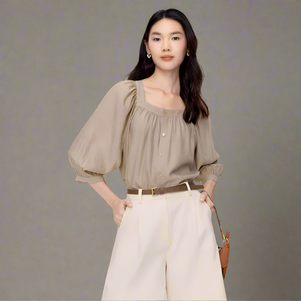 Lantern Sleeve Button-Down Cardigan Blouse