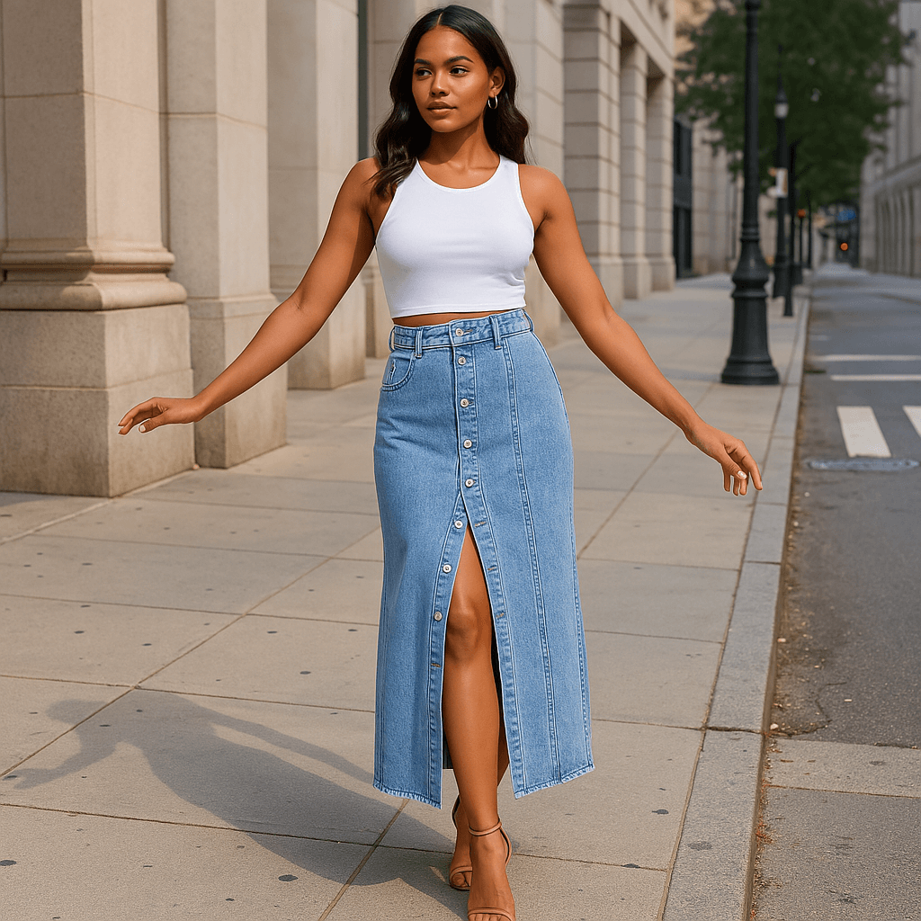 Button Slit Denim Skirt