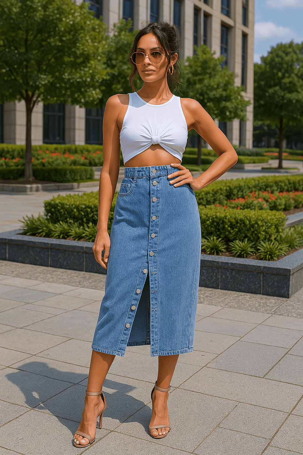Button Slit Denim Skirt