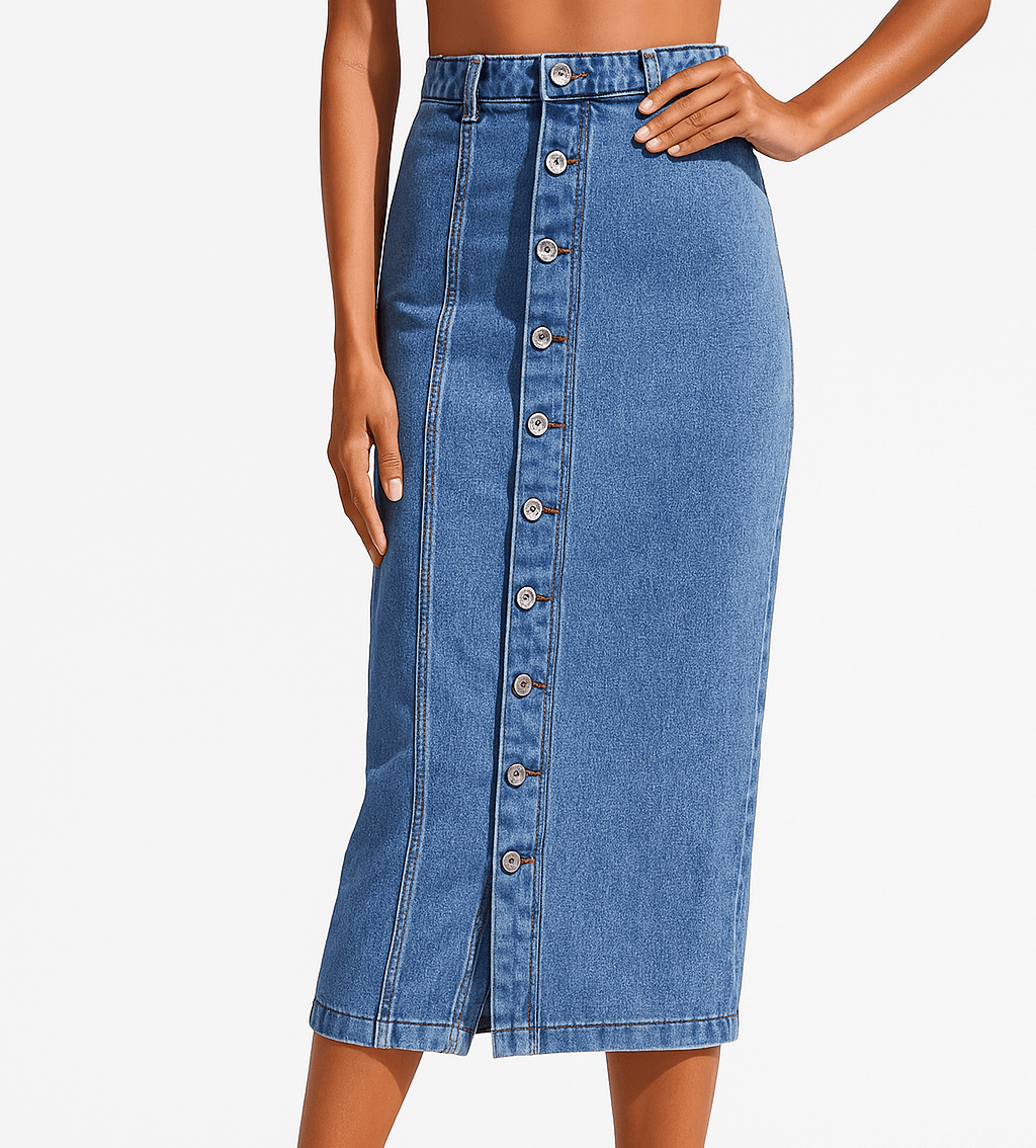 Button Slit Denim Skirt