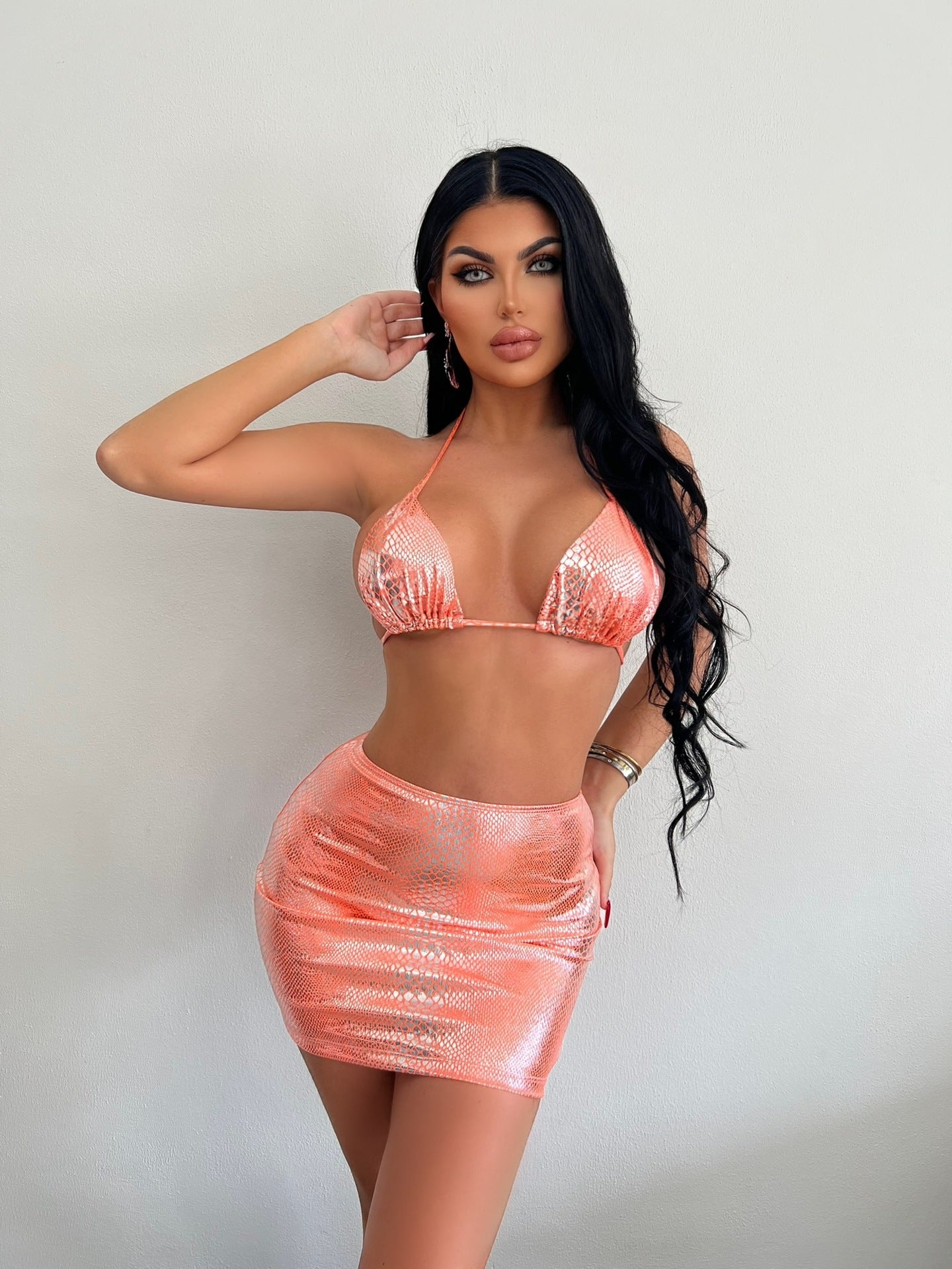 Women's 3-Piece Snake Print Bikini Set with Cover-Up Skirt – Trendy Summer Swimsuit