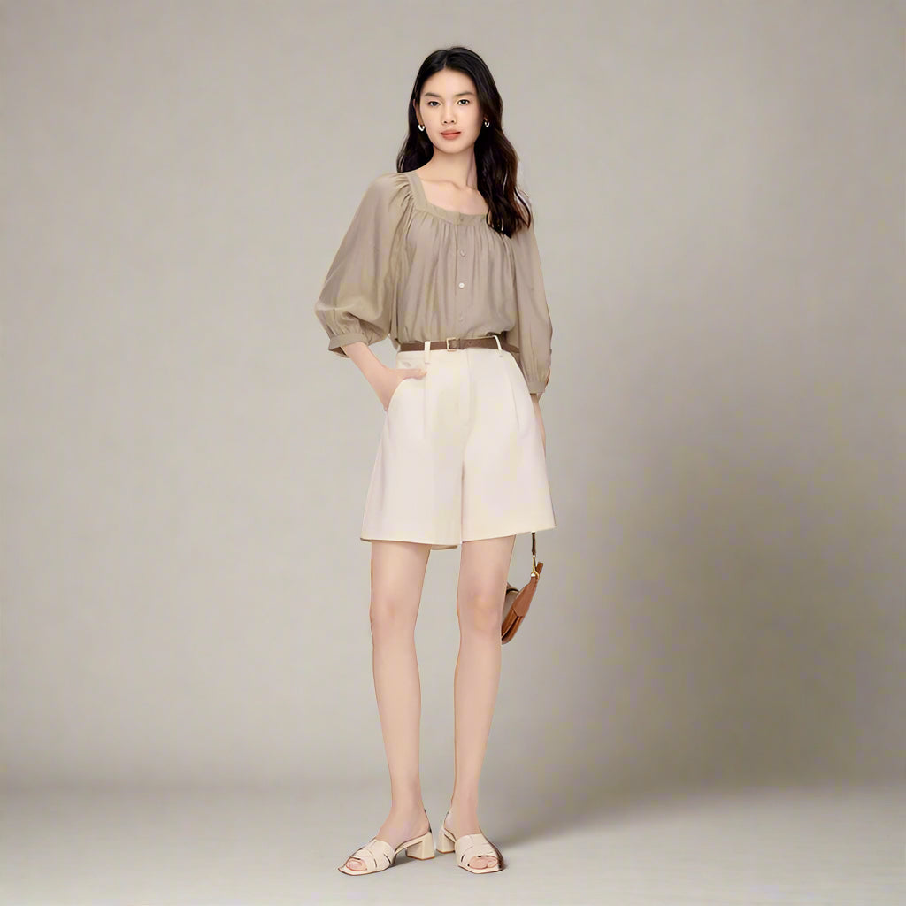 Lantern Sleeve Button-Down Cardigan Blouse