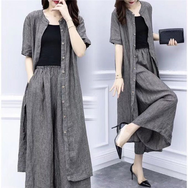 Striped Cardigan & Wide-Leg Pants Set