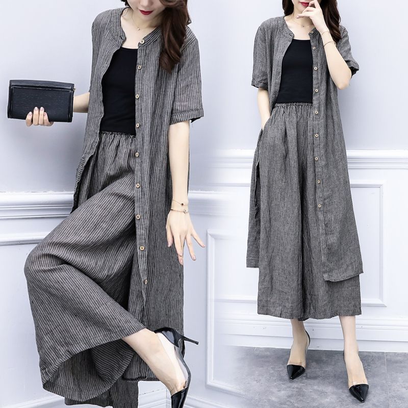 Striped Cardigan & Wide-Leg Pants Set