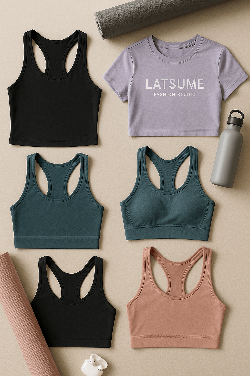Flat lay of Latsume Fashion Studio women's activewear tops, including tank tops, crop tops, and sports bras in stylish colors with fitness accessories on a neutral background.