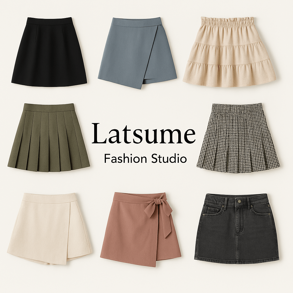 A flat lay of eight stylish mini skirts in various colors and styles—including pleated, wrap, ruffled, and denim—arranged around the Latsume Fashion Studio logo on a light cream background, showcasing a modern and elegant skirt collection.