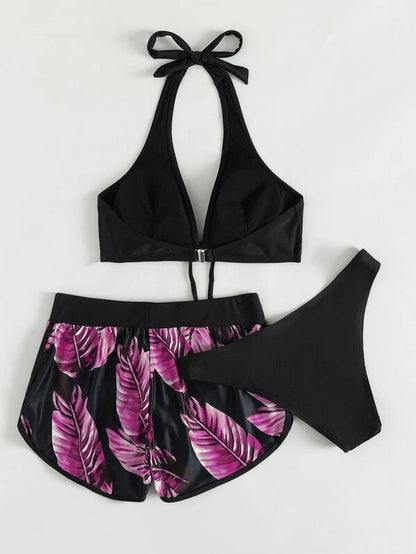 3PCS Leaf Print Bikini Set – Stylish Summer Swimsuit with Shorts
