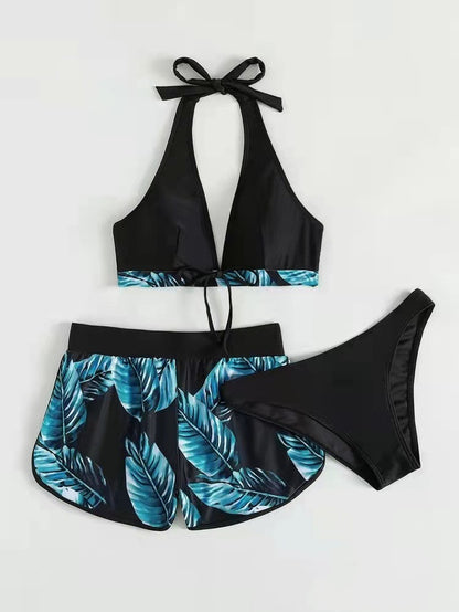 3PCS Leaf Print Bikini Set – Stylish Summer Swimsuit with Shorts