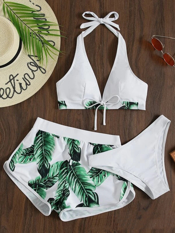 3PCS Leaf Print Bikini Set – Stylish Summer Swimsuit with Shorts
