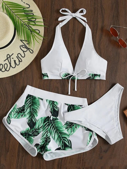 3PCS Leaf Print Bikini Set – Stylish Summer Swimsuit with Shorts