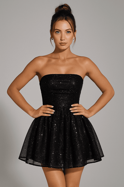 Elegant Strapless Lace Mini Dress – Back Bow Knot