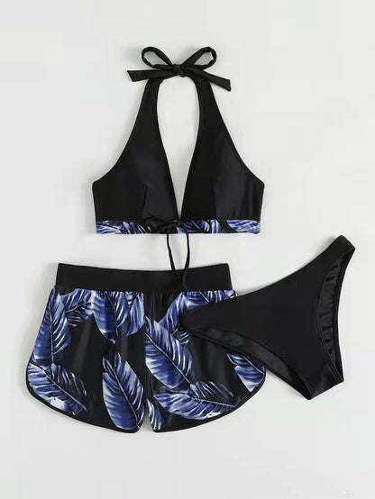3PCS Leaf Print Bikini Set – Stylish Summer Swimsuit with Shorts