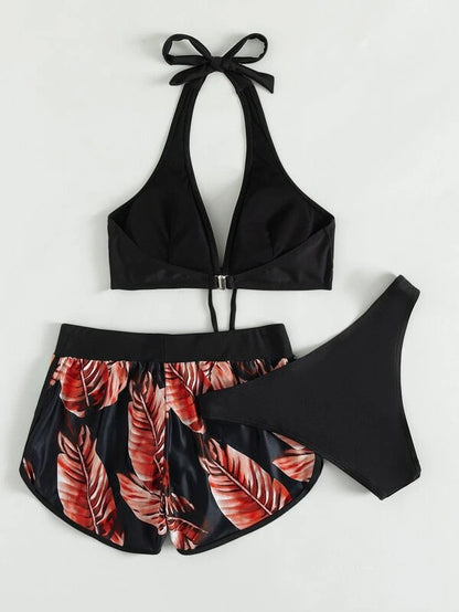 3PCS Leaf Print Bikini Set – Stylish Summer Swimsuit with Shorts