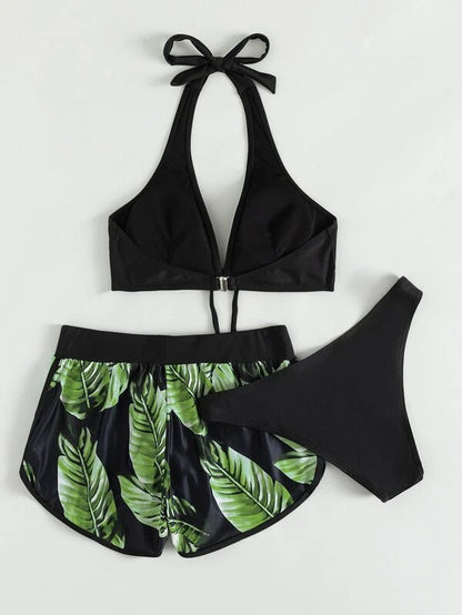 3PCS Leaf Print Bikini Set – Stylish Summer Swimsuit with Shorts