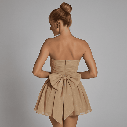 Elegant Strapless Lace Mini Dress – Back Bow Knot