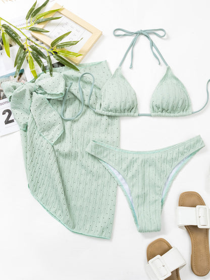 3-Piece Halterneck Swimsuit Set – Sexy Backless Bikini with Sheer Mesh Skirt