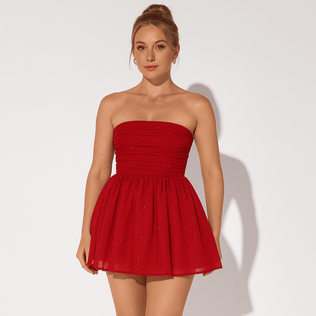 Elegant Strapless Lace Mini Dress – Back Bow Knot