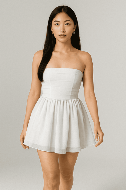 Elegant Strapless Lace Mini Dress – Back Bow Knot