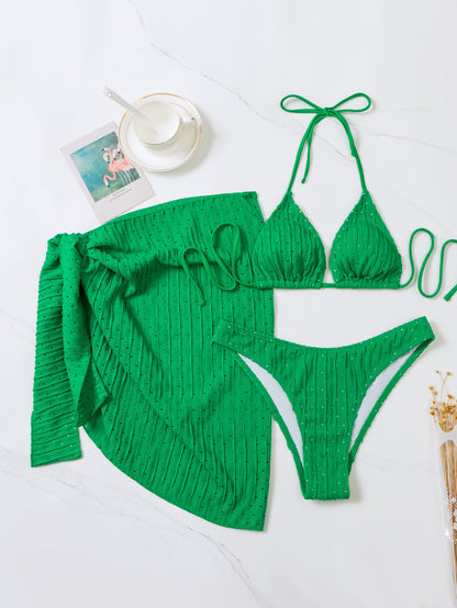 3-Piece Halterneck Swimsuit Set – Sexy Backless Bikini with Sheer Mesh Skirt