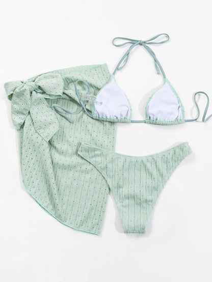 3-Piece Halterneck Swimsuit Set – Sexy Backless Bikini with Sheer Mesh Skirt