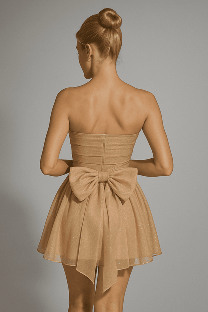 Elegant Strapless Lace Mini Dress – Back Bow Knot