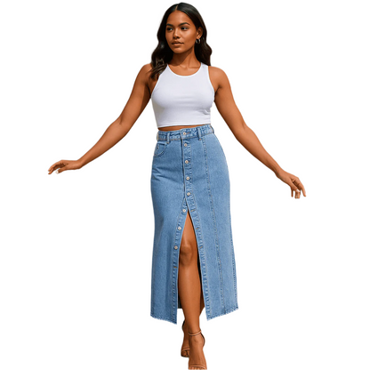 Button Slit Denim Skirt