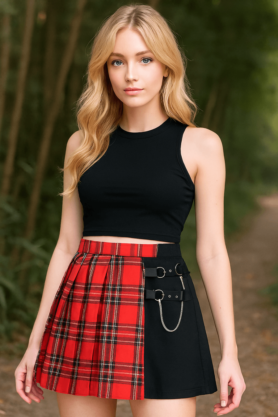 Plaid Strap Pleated Skirt