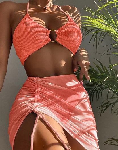 3-Piece Halter Bikini Set – Sexy Summer Swimsuit with Cover-Up for Women