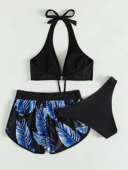 3PCS Leaf Print Bikini Set – Stylish Summer Swimsuit with Shorts