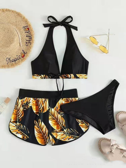 3PCS Leaf Print Bikini Set – Stylish Summer Swimsuit with Shorts